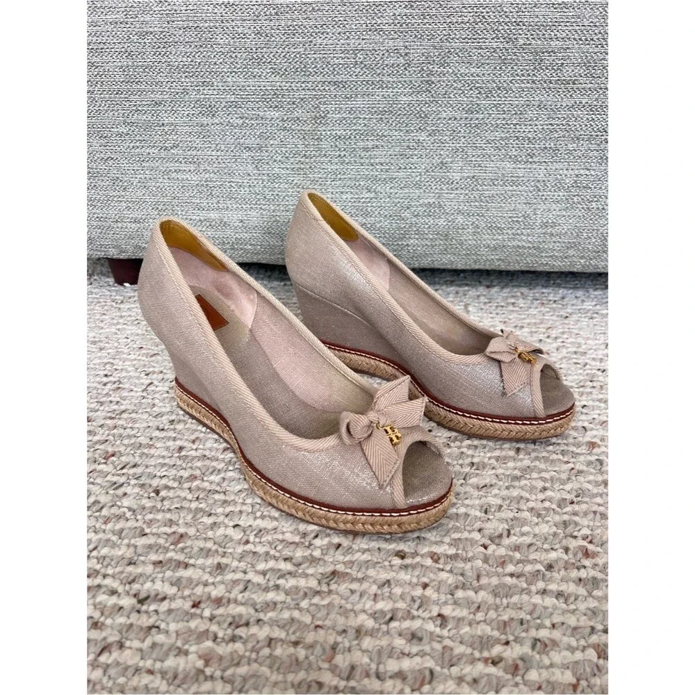 Tory Burch Jackie Canvas Bow Peep Toe Espadrille Wedges
